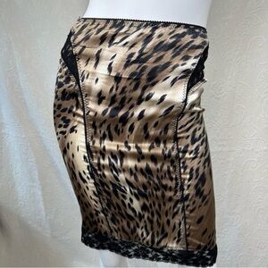 Marciano Leopard Animal Print Silk & Black Lace Slip Skirt Back Slit Stretch Sm